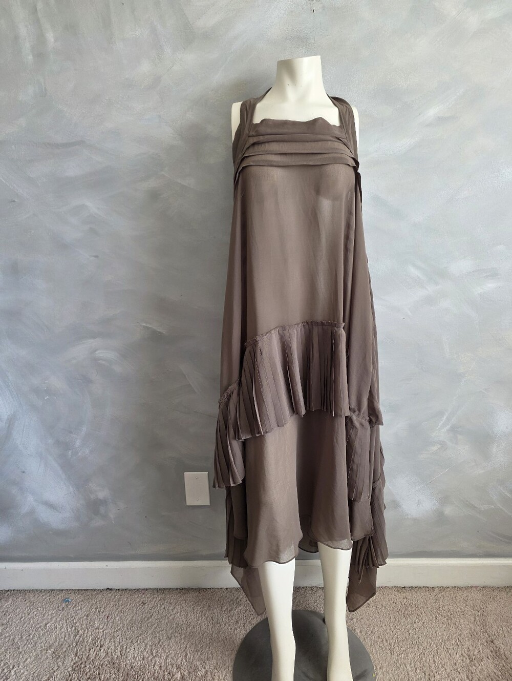 AMMO Versailles Dress Taupe Pleated Chiffon Tiered Asymmetrical Midi S/M